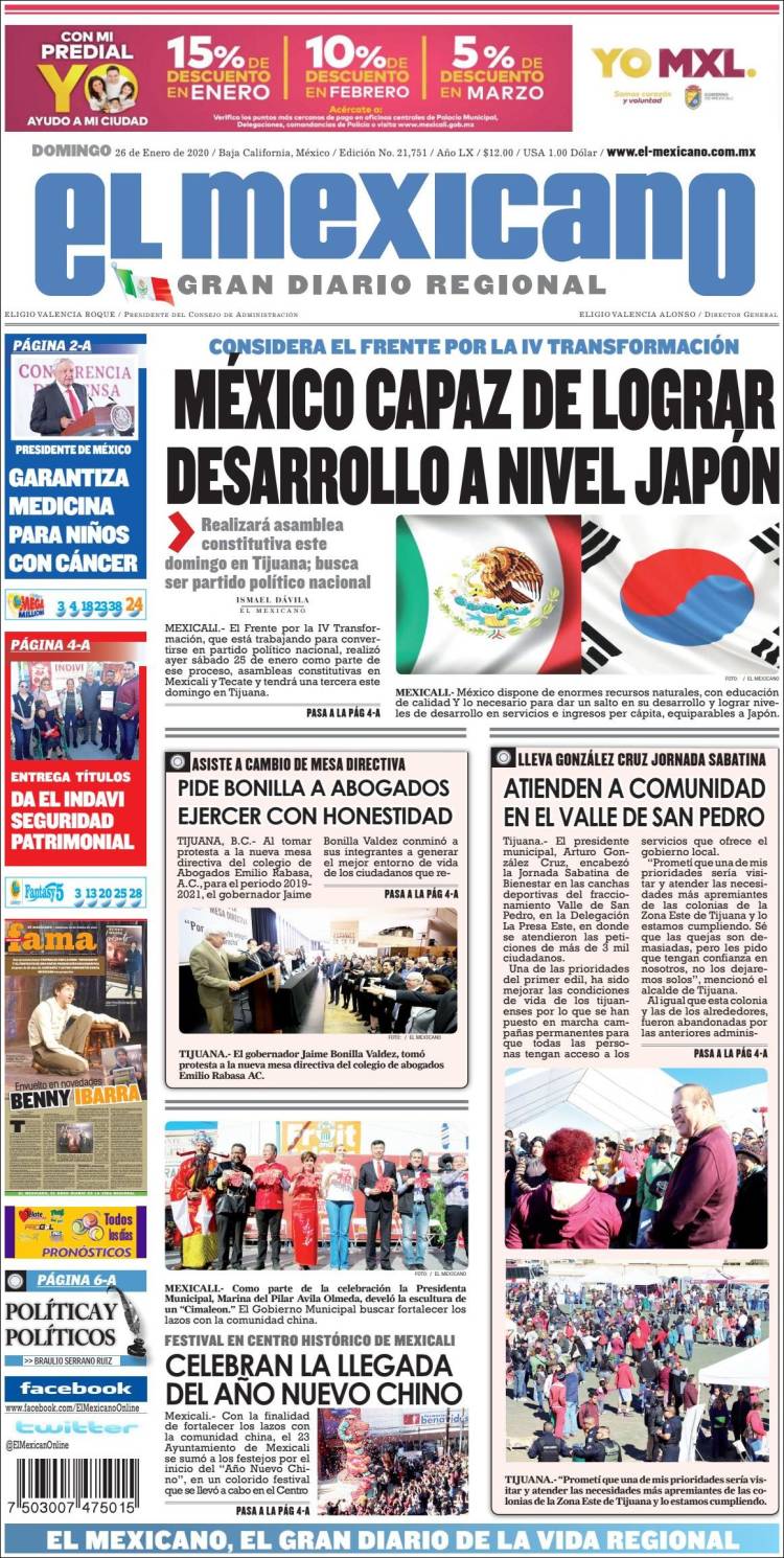 Portada de El Mexicano - El Gran Diario Regional (México)