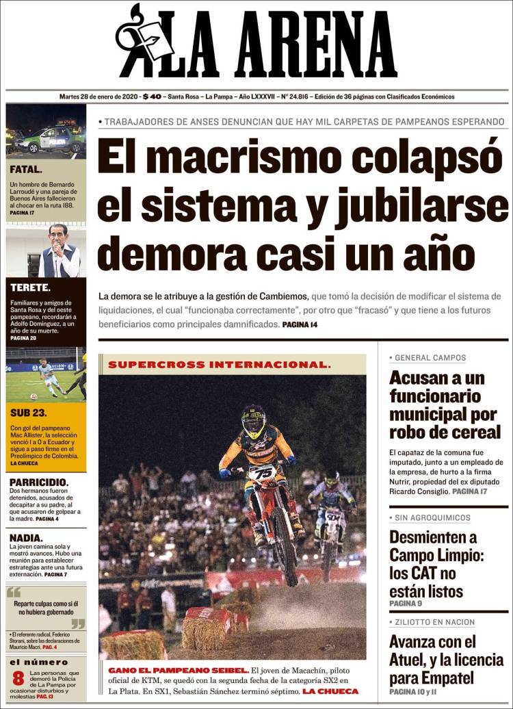 Portada de Diario La Arena (Argentina)