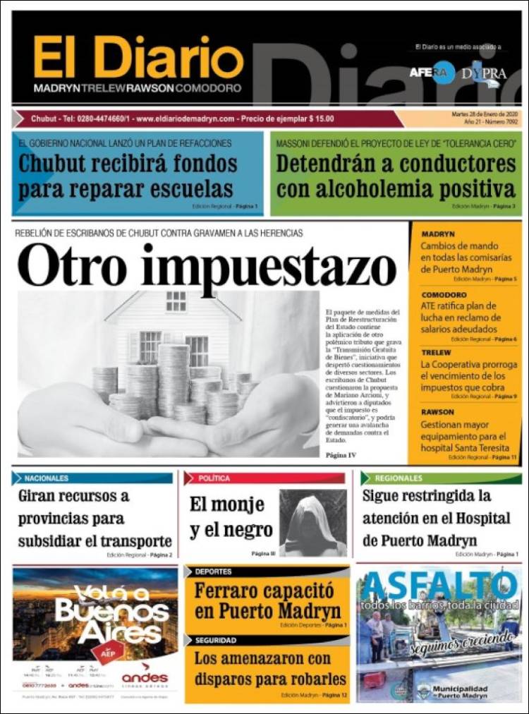 Portada de El Diario de Madryn (Argentina)