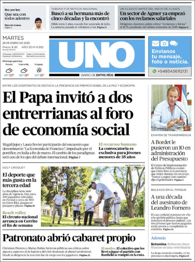 Portada de Diario Uno de Entre Ríos (Argentina)