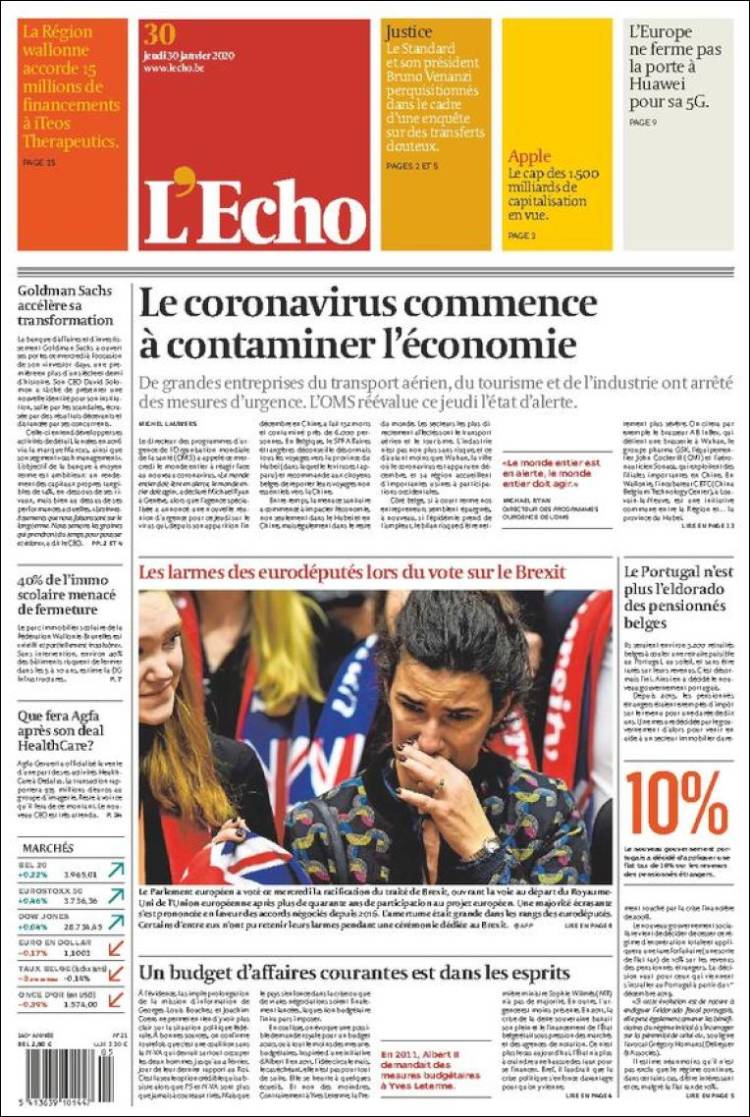 Portada de L'Echo (B&eacute;lgica)