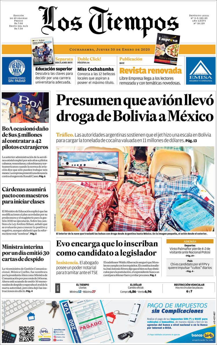 Portada de Los Tiempos (Bolivia)