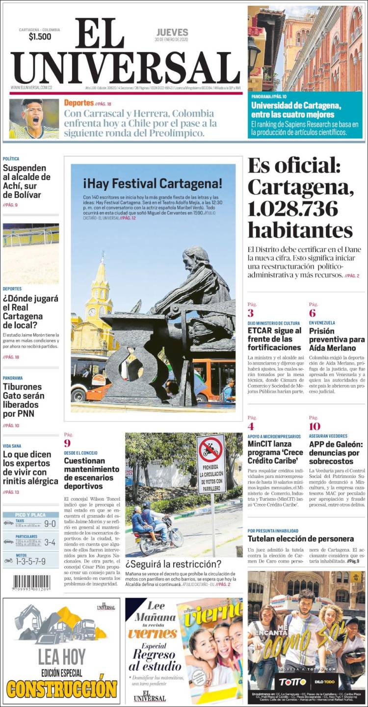 Portada de El Universal (Colombia)