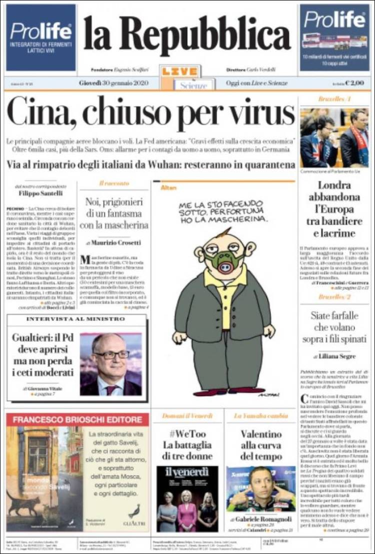 Portada de La Repubblica (Italia)