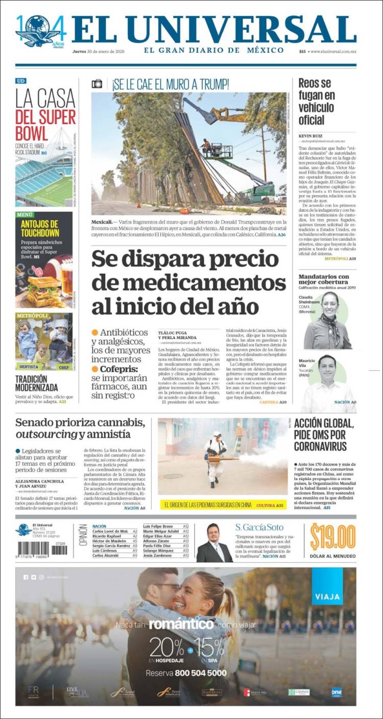 Periódico El Universal México Periódicos De México Edición De Jueves 30 De Enero De 2020 2756