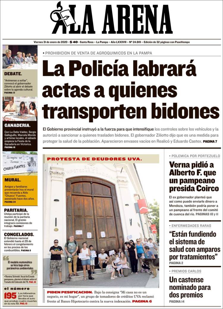 Portada de Diario La Arena (Argentina)