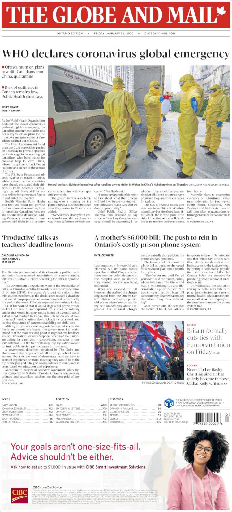 Portada de The Globe and Mail (Canada)