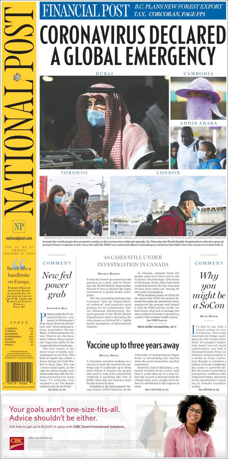 Portada de The National Post (Canada)