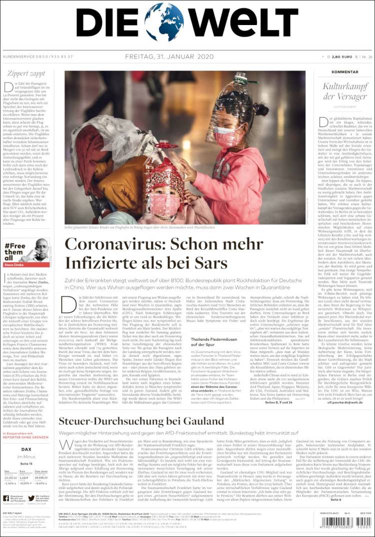 Portada de Die Welt (Alemania)
