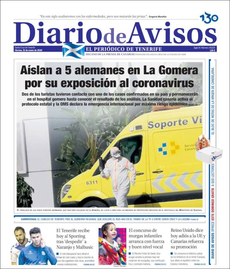 Portada de Diarios de Avisos (España)