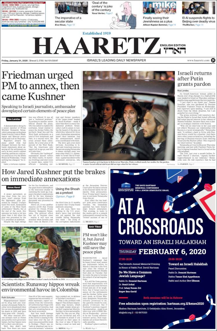 Portada de Haaretz (Israel)