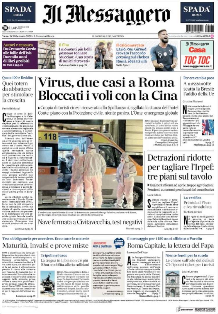 Portada de Il Messaggero (Italia)