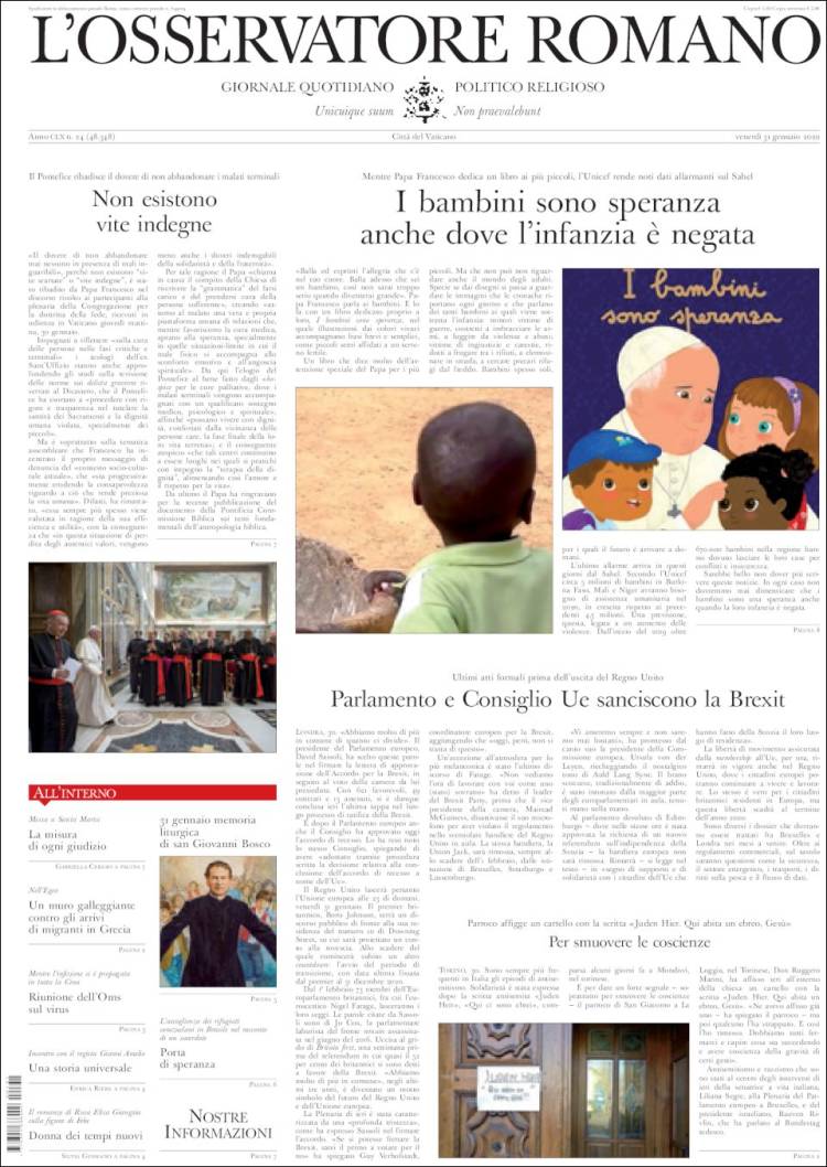 Portada de L'Osservatore Romano (Italia)