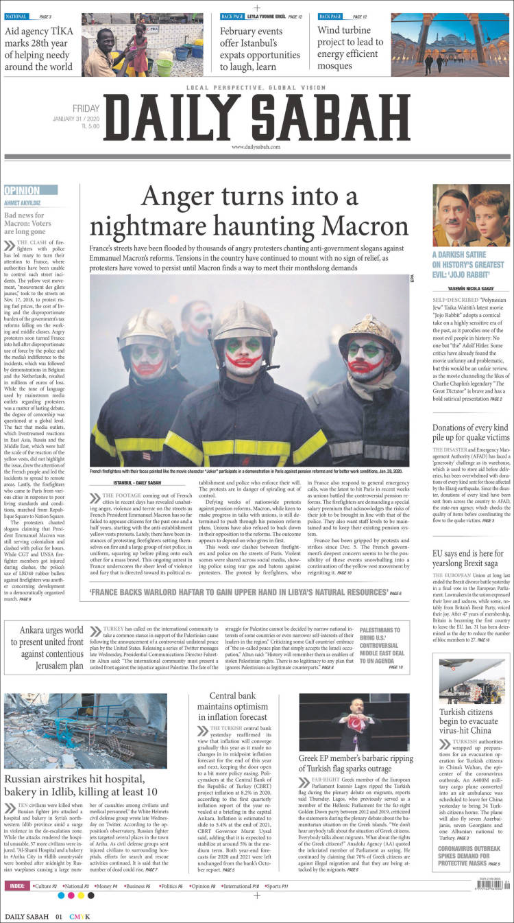 Portada de Daily Sabah (Turqu&iacute;a)