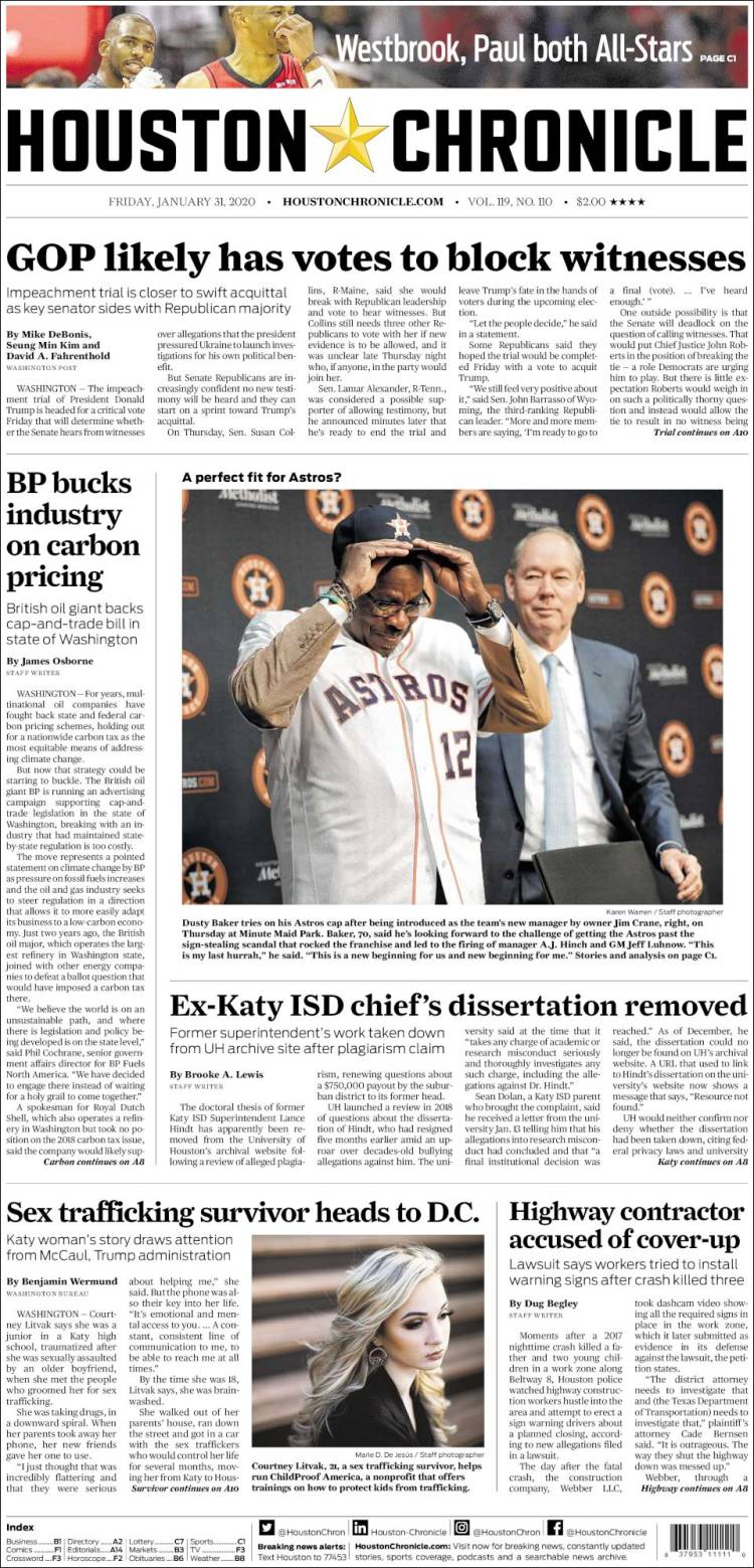 Portada de Houston Chronicle (USA)