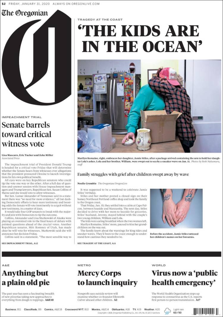 Portada de The Oregonian (USA)