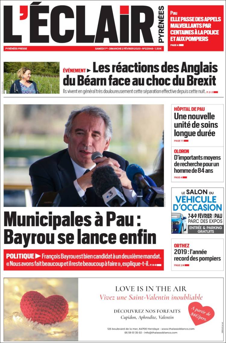 Portada de L'Eclair des Pyrénées (France)