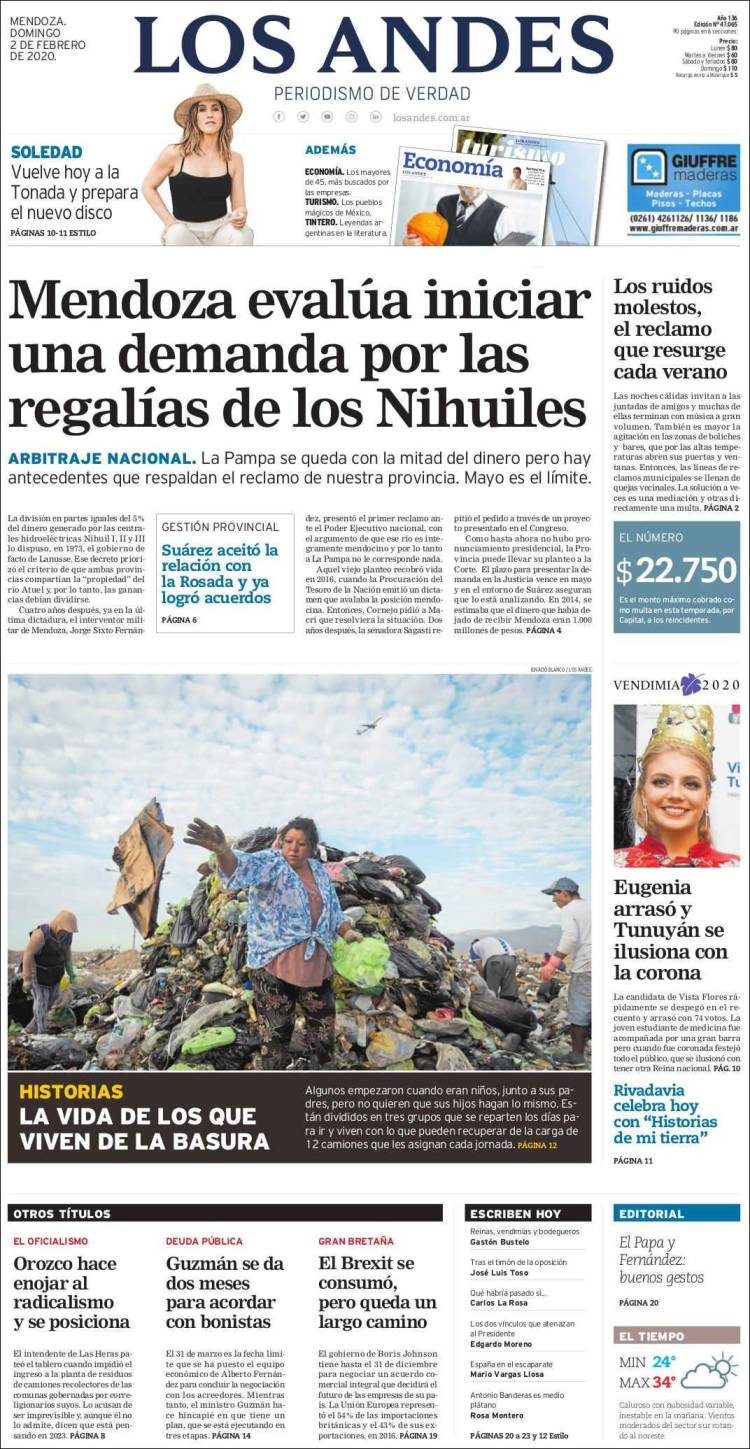 Portada de Los Andes - Mendoza (Argentina)