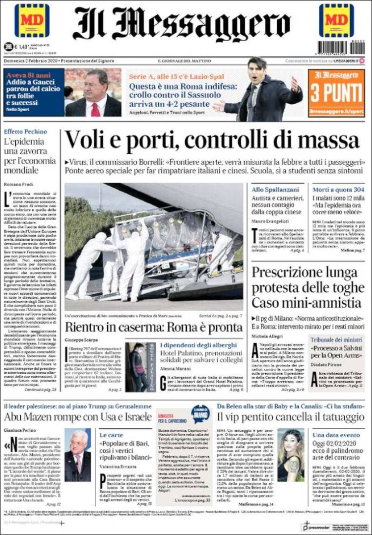 Portada de Il Messaggero (Italia)