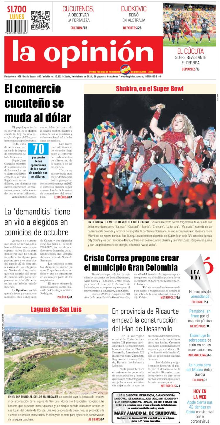 Portada de Diario La Opinion (Colombia)