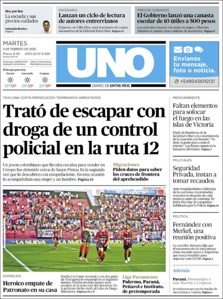 Portada de Diario Uno de Entre Ríos (Argentina)