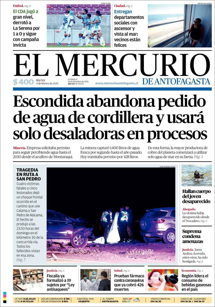 Portada de El Mercurio de Antofagasta (Chile)