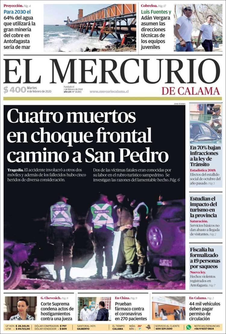 Portada de El Mercurio - Calama (Chile)