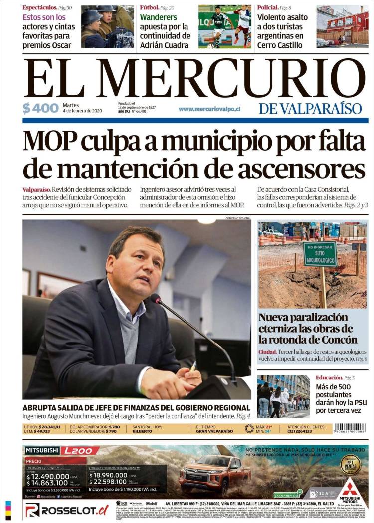 Portada de Mercurio de Valparaiso (Chile)