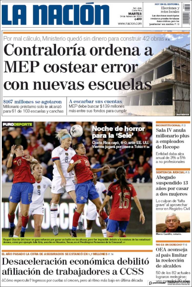 Periódico La Nación - Costa Rica (Costa Rica). Periódicos de Costa Rica.  Edición de martes, 4 de febrero de 2020. 