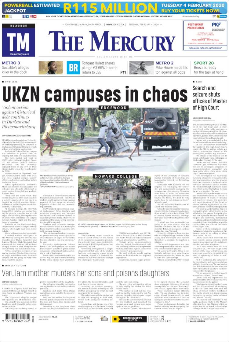 Portada de The Mercury (Sud&aacute;frica)