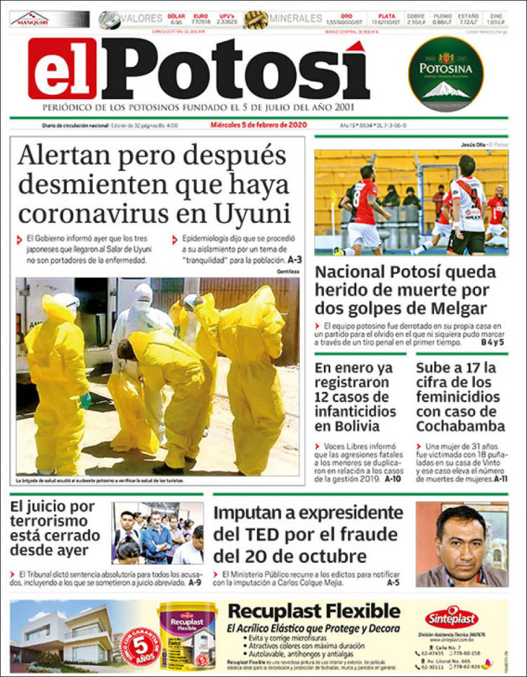 Portada de Diario de Potosí (Bolivia)