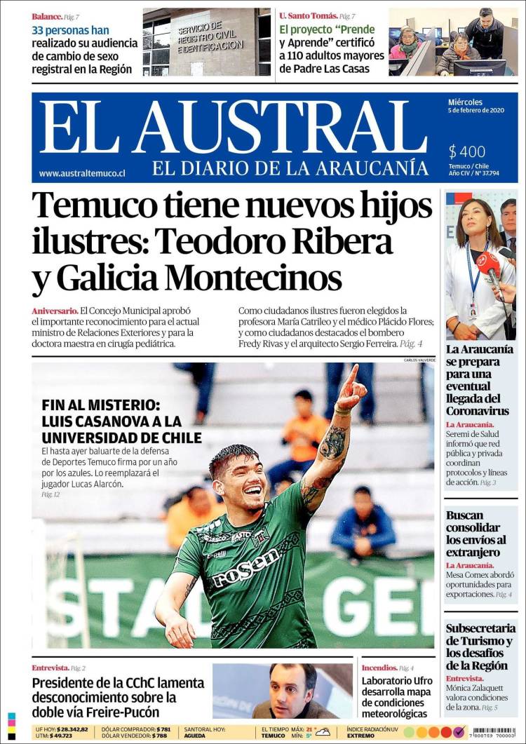 Portada de El Austral de Temuco (Chile)