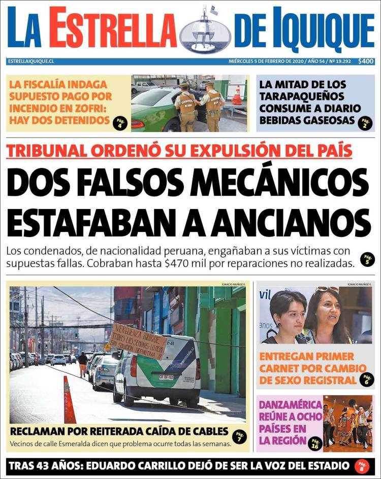 Portada de La Estrella de Iquique (Chile)