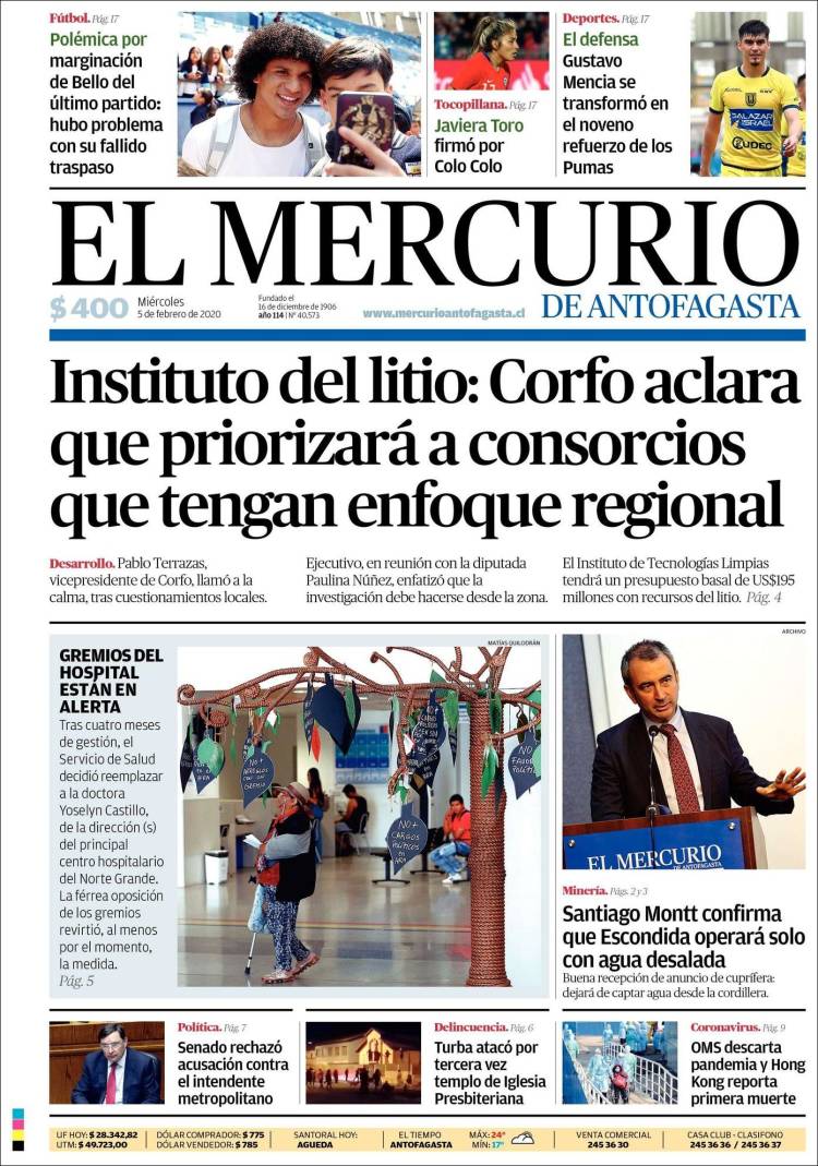 Portada de El Mercurio de Antofagasta (Chile)