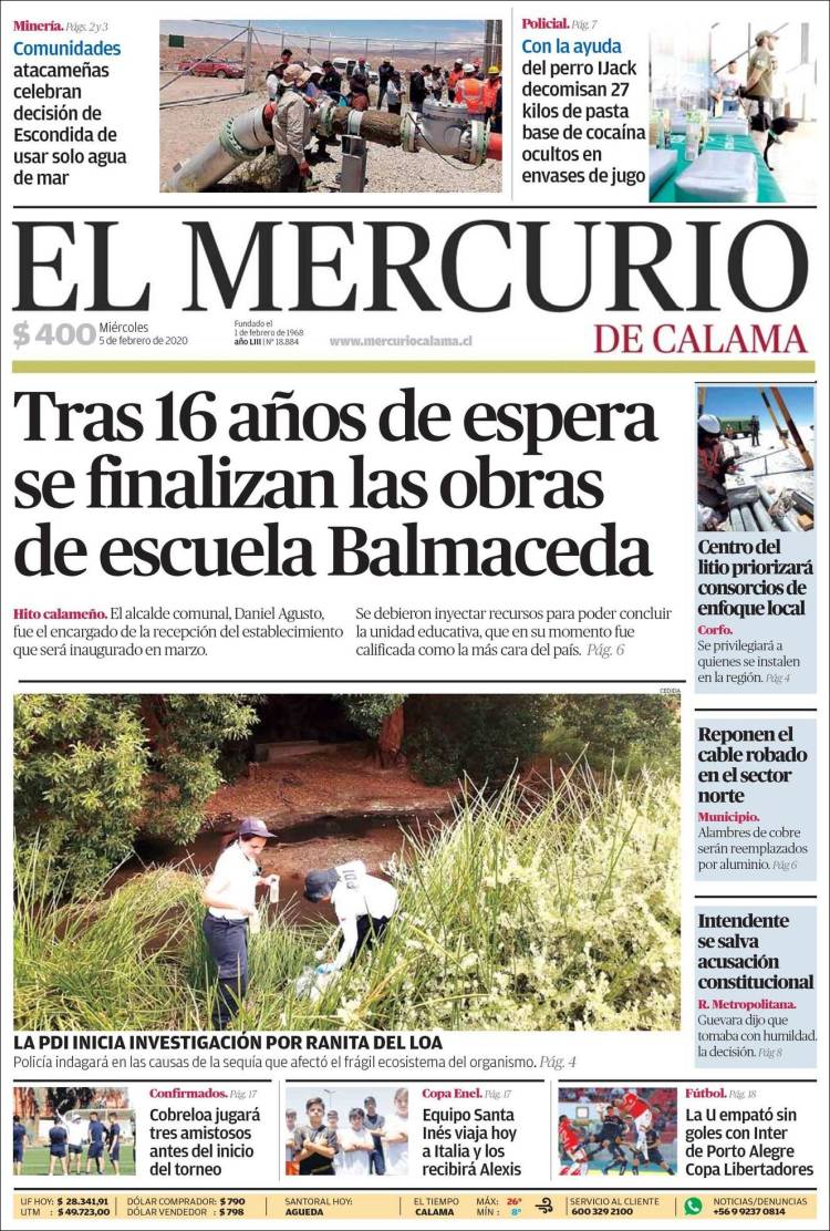 Portada de El Mercurio - Calama (Chile)