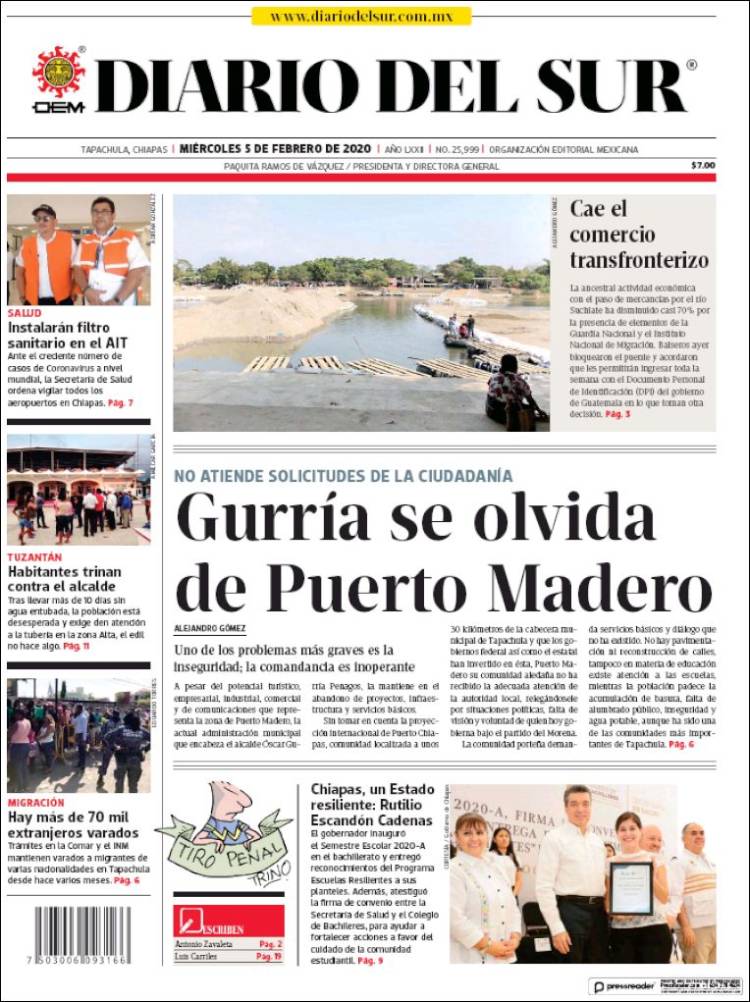 Portada de El Diario del Sur (México)