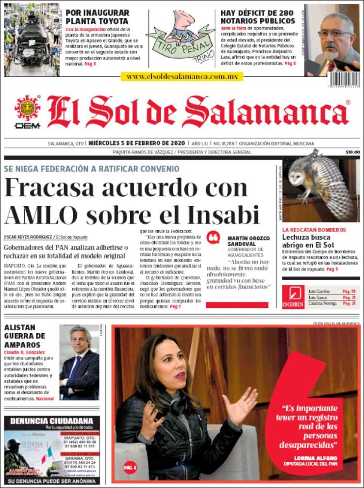 Portada de El Sol de Salamanca (México)