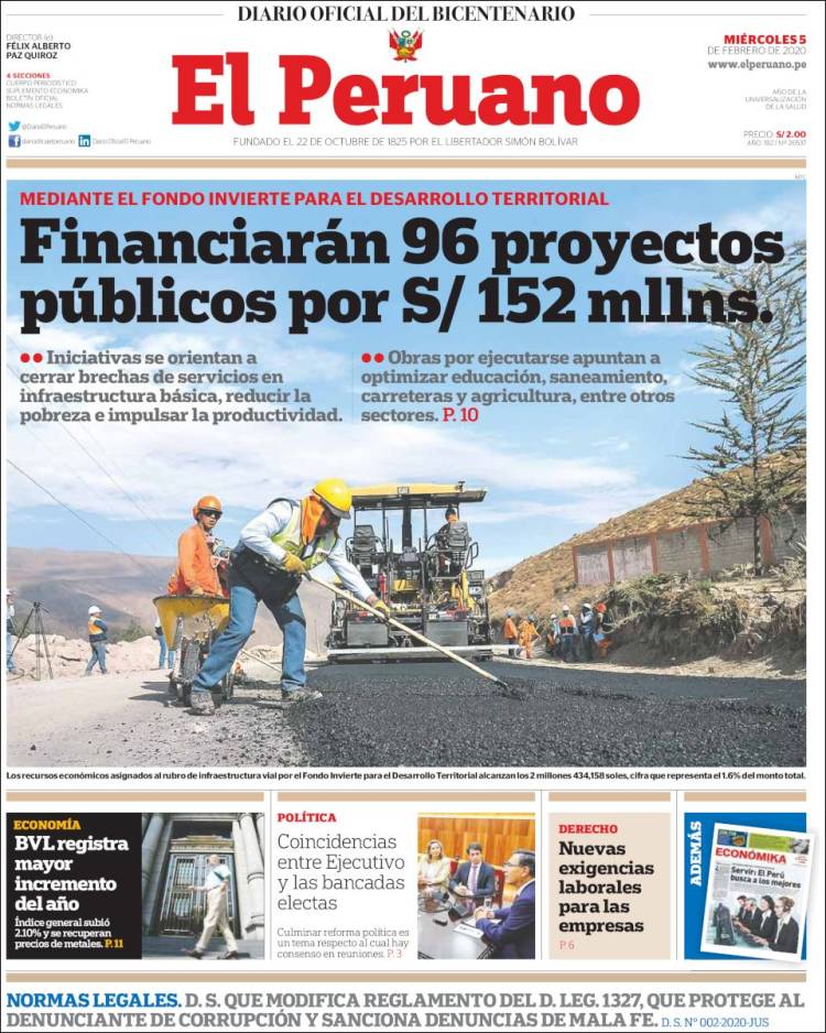 Portada de El Peruano (Perú)