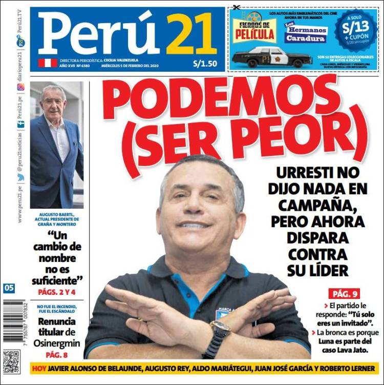Portada de Perú 21 (Perú)