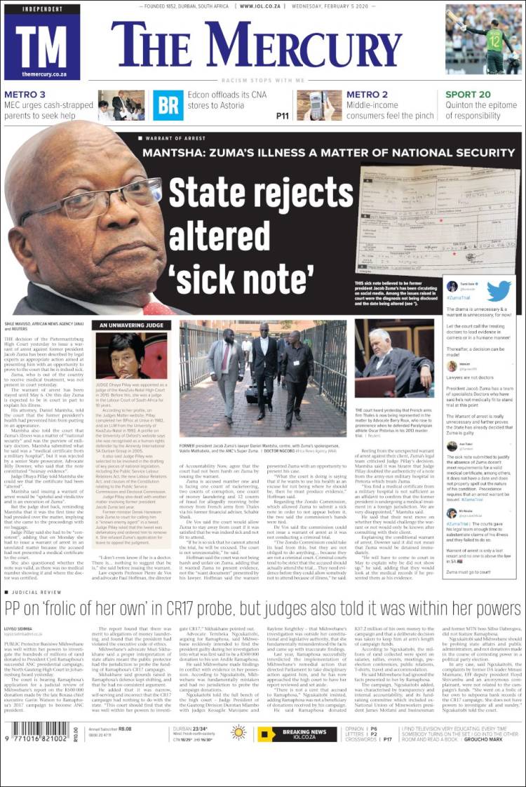 Portada de The Mercury (Sud&aacute;frica)