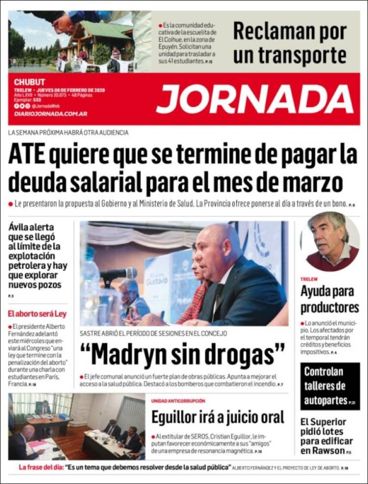 Portada de Diario Jornada en la Patagonia (Argentina)