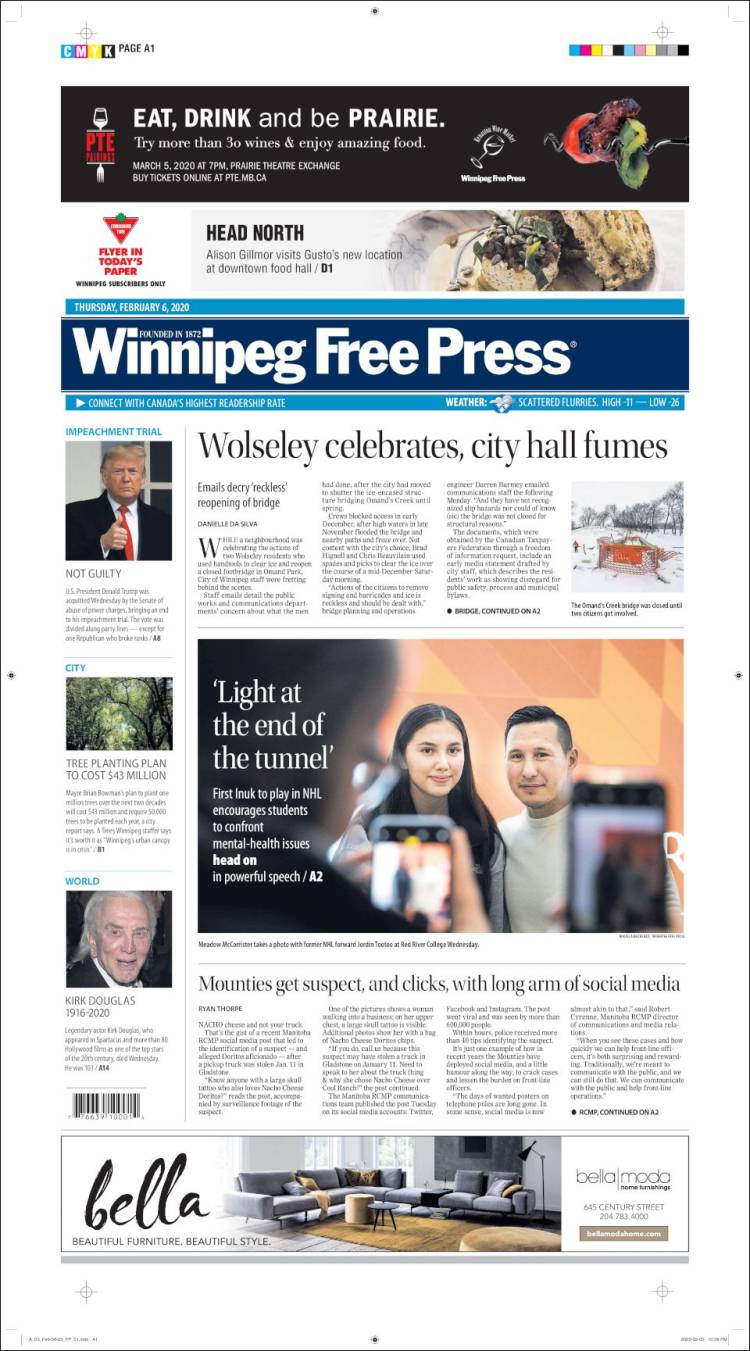 Portada de Winnipeg Free Press (Canada)