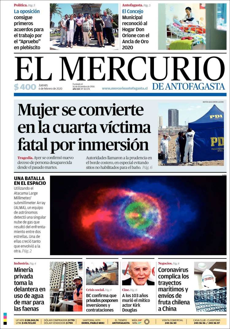 Portada de El Mercurio de Antofagasta (Chile)