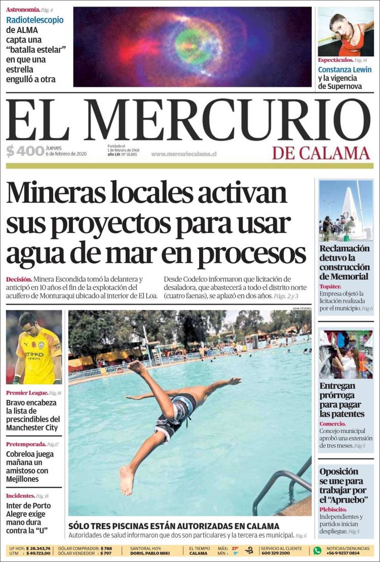 Portada de El Mercurio - Calama (Chile)