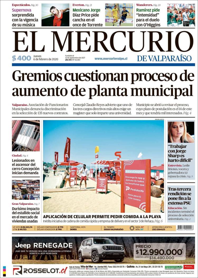 Portada de Mercurio de Valparaiso (Chile)