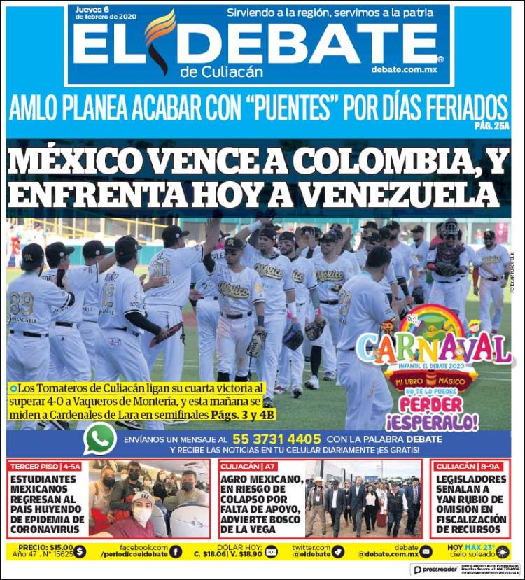 Portada de El Debate de Culiacán (México)