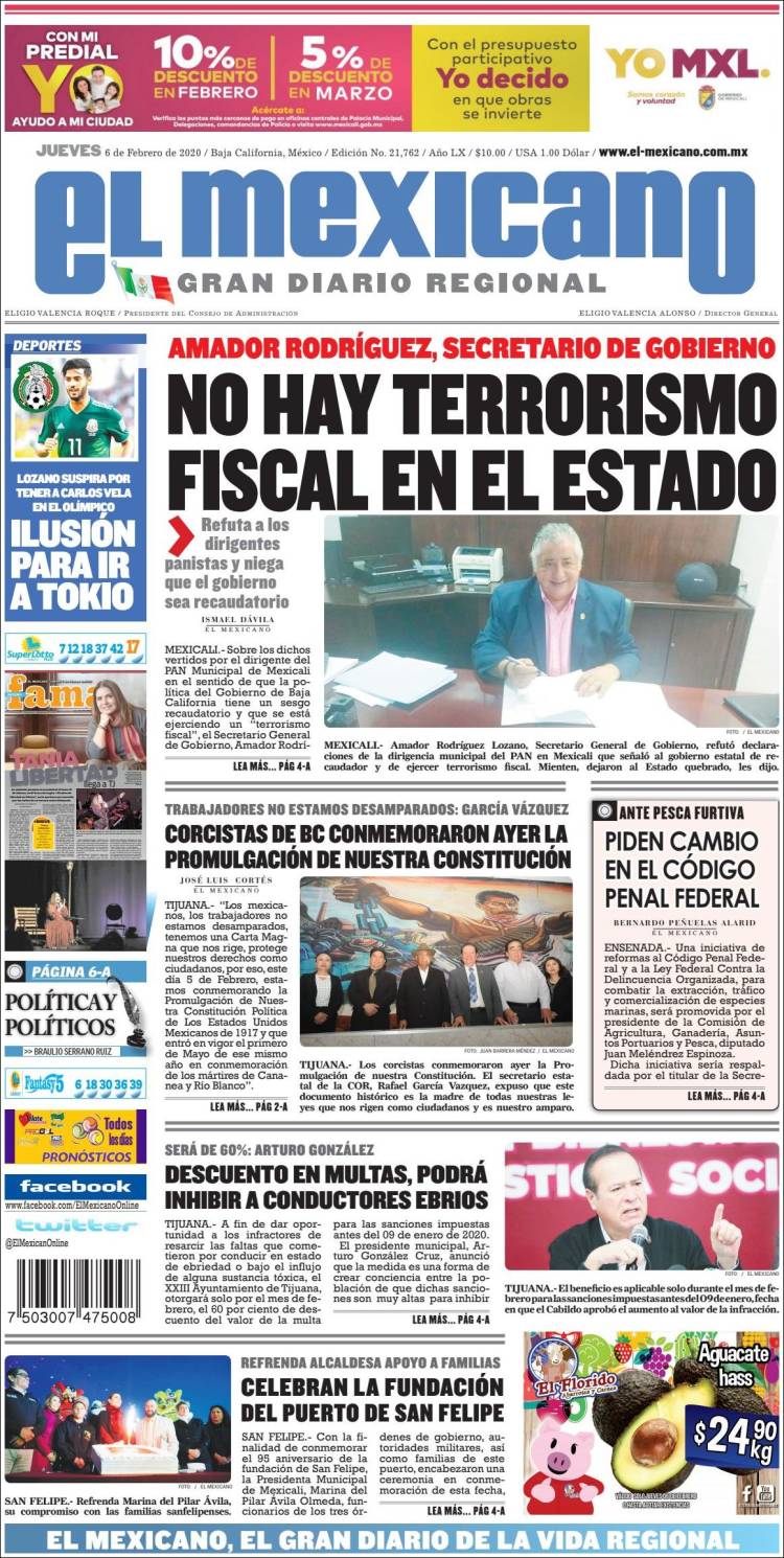 Portada de El Mexicano - El Gran Diario Regional (México)