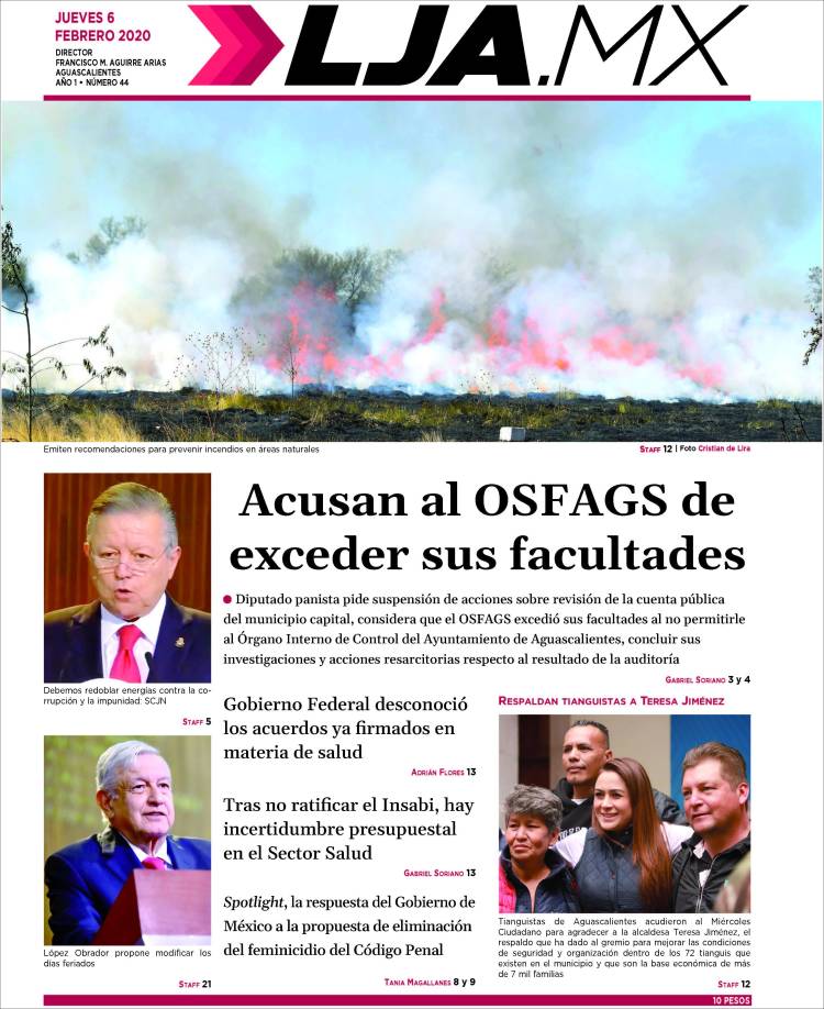 Portada de La Jornada de Aguascalientes (México)