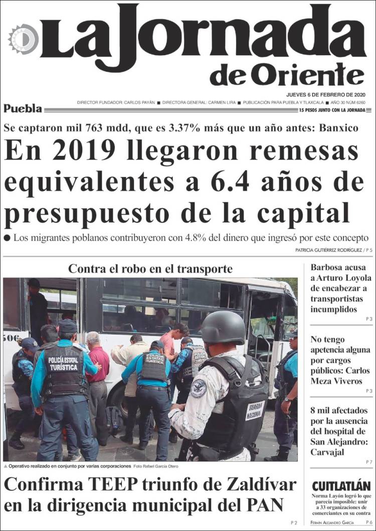 Portada de La Jornada de Oriente - Puebla (México)