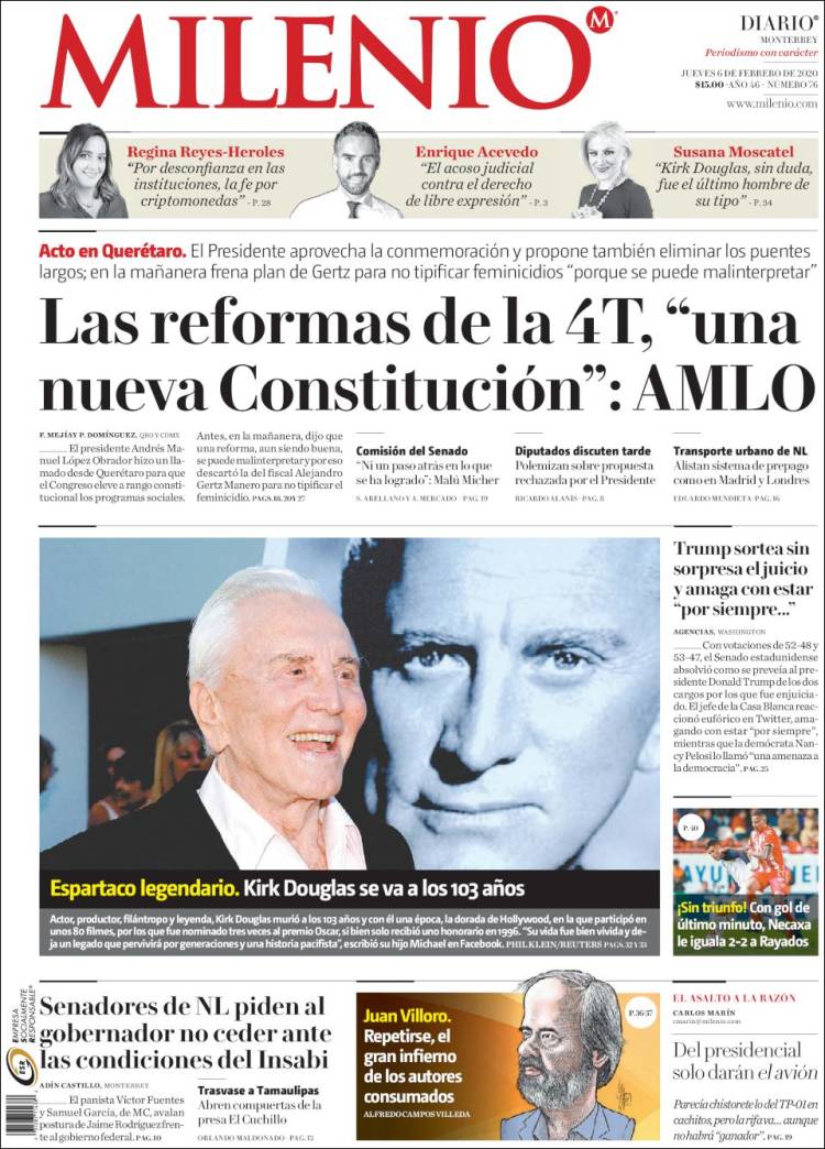 Periódico Milenio de Monterrey (México). Periódicos de México. Edición de  jueves, 6 de febrero de 2020. 